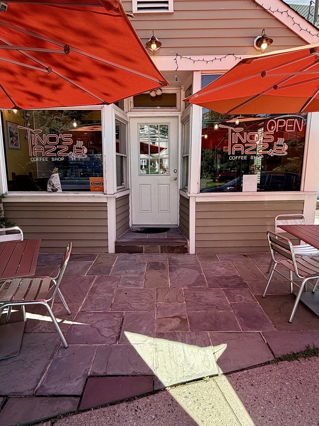 The front entrance and outdoor patio seating at Tino's Tazza, 4428 Route 27, Kingston NJ